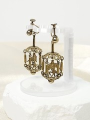 Pair Vintage Gold Tone Dangle Screw-Back Bird Cage Earrings