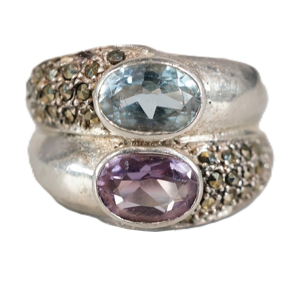 Vintage Art Deco Sterling Silver Pink & Blue Topaz Marcasite Ring Sz5.5 5.8g