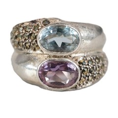 Vintage Art Deco Sterling Silver Pink & Blue Topaz Marcasite Ring Sz5.5 5.8g