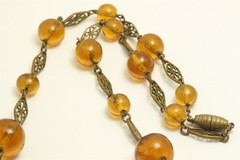 Vintage Art Deco Graduated Czech Amber Glass Bead Link Choker Necklace 17″