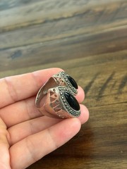 Marcasite Sterlling Silver Chunky Double Black Stone Ring, Size 9