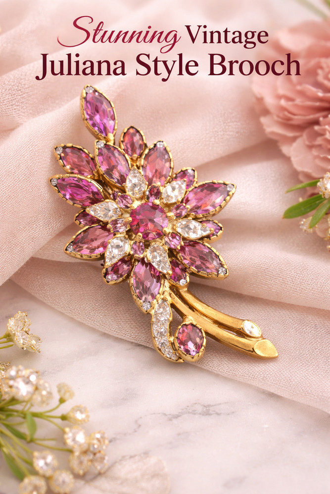 Vintage Julianna Brooch Purple/Pink Rhinestone Layered Floral Brooch 1950’s D E