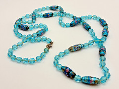 Antique Murano Venetian Glass Aqua Blue Wedding Cake Crystal Bead 39″ Necklace