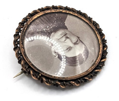 Antique VTG Mourning Brooch Colorized Photo Older Woman Portrait C Clasp Pin