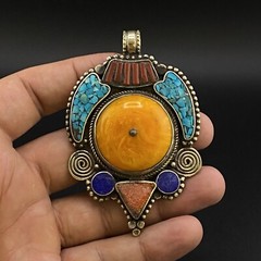 Handmade Masterpiece Old Ethnic Unique Tibetan Multi Colour Leaf Shape Pendant