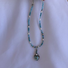 Vintage Signed By Shankari Silver 925 Necklace With Pearl And Aquamarine Stone