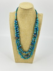 Natural Green Blue Stone Necklace Glass Triple Strand Silver Tone
