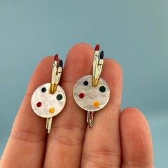 Vintage Artist Painter Pallet Earrings Lot MOP Multicolor Rhinestone Paint Brush