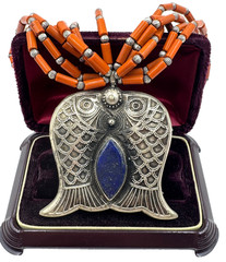 MOROCCAN BERBER JEWELRY NECKLACE FISH LAPIS LAZULI CORAL TUBE BEADS SILVER ALLOY