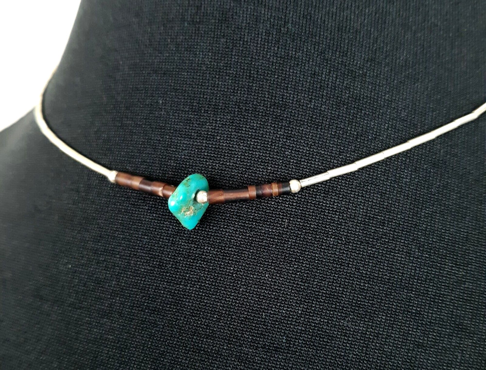 Vintage Southwest Silver Necklace Turquoise Chip Delicate Choker Length 15 Inch
