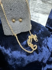 Vtg Faux Blue Sapphire Gold tone Earrings & Necklace Set Publishers Clearing