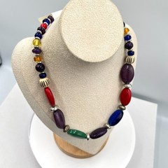 Vintage Chaps Multi-Color Bead Statement Necklace Silver Tone Boho Fashion Retro