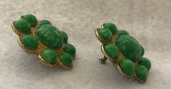 Faux Jade Green Cabochon, Flower Clip-On, Twist Back Earrings, Vintage, JWL-1054