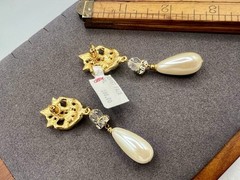 Vintage Gold Pierced Earrings Saks Crystal Bead Dangles 1990s Rice Pearls NOS HM