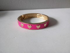 Canvas Goldtone Hinged Bracelet Hot Pink w/ Gold Hearts Enamel 7″ Textured