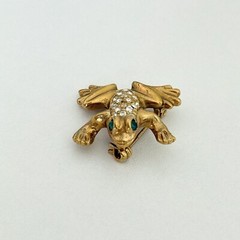 Vintage Clear Rhinestone Green Eyed Frog Gold Tone Brooch Pin