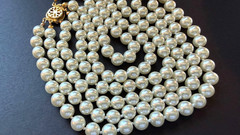 Vintage 3 Strand Faux Glass Pearl Necklace 18″ 8mm Knotted Gold Tone Slide Clasp