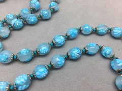 Vintage Venetian Glass Bead Necklace Blue Flower 8-9mm Knotted 30″