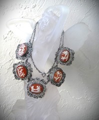 FABULOUS RARE ANTIQUE STERLING 800 SHELL CAMEO CANNETILLE CUPID CHARIOT NECKLACE