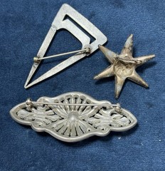 Vintage Ornate Art Deco Rhinestone Brooch Lot 3 PCS Silver Tone Geometric Read