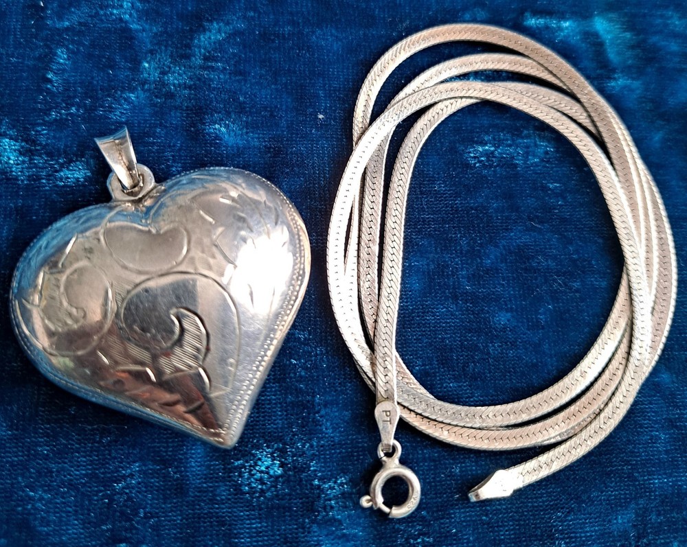 Vintage Puffy Heart Pendant Necklace Etched Design Included SS Chain 925