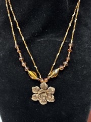 Vintage Cookie Lee Necklace Bronze Flower Double Strand Pendant signed 16” Adjus