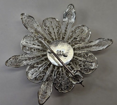 Pin Back Button Brooch Flower Silver 925