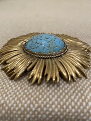 Rare Unmarked Sunburst VTG Brooch Gilded Czech Faux Turquoise Glass Cab Round