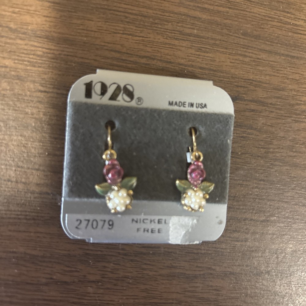 1928 Porcelain Pink Rose Earrings Gold Filled, Mini Pearls Dangle, Nickel Free