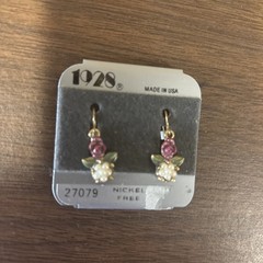 1928 Porcelain Pink Rose Earrings Gold Filled, Mini Pearls Dangle, Nickel Free