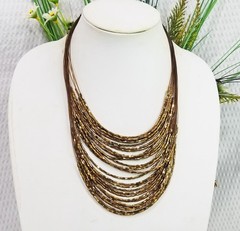 Vintage Gold Bronze Bugle Bead Cascading Multi Strand Illusion Choker Necklace