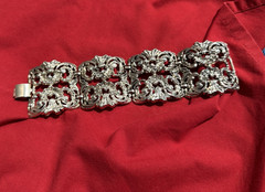 Vintage Panel Link Bracelet Silver Tone Scroll Medieval Flower 7-1/4 Inches