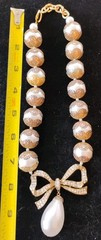 Vtg Big Faux Filigree Pearl Necklace Signed CRAFT Rose Gold Tone Rhinestone Bow