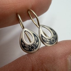 Vintage Soviet 875 Silver Niello Drop Earrings Severnaya Chern Floral Signed
