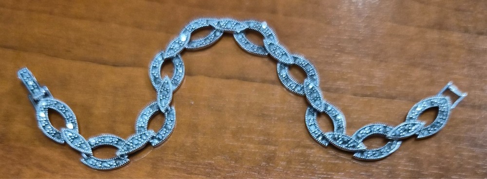 Vintage Signed FAS 925 Sterling Silver & Marcasite Cable Design Link 7″ Bracelet
