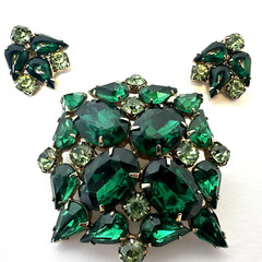 Designer Set Brooch Pin Earrings Green Rhinestone Unsigned Antique MCM