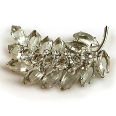 Vintage Czech Republic Clear Rhinestone Leaf Brooch Silver-Tone