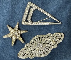 Vintage Ornate Art Deco Rhinestone Brooch Lot 3 PCS Silver Tone Geometric Read