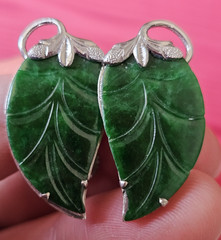 RARE Solid 14k White Gold Carved Spinach Green Jade Large Vintage Earrings