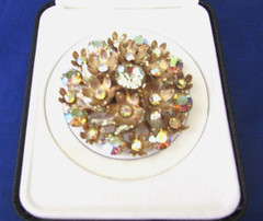 Vintage Aurora Borealis (AB) Clear Rhinestone Floral Brooch Pin Gold Tone MCM