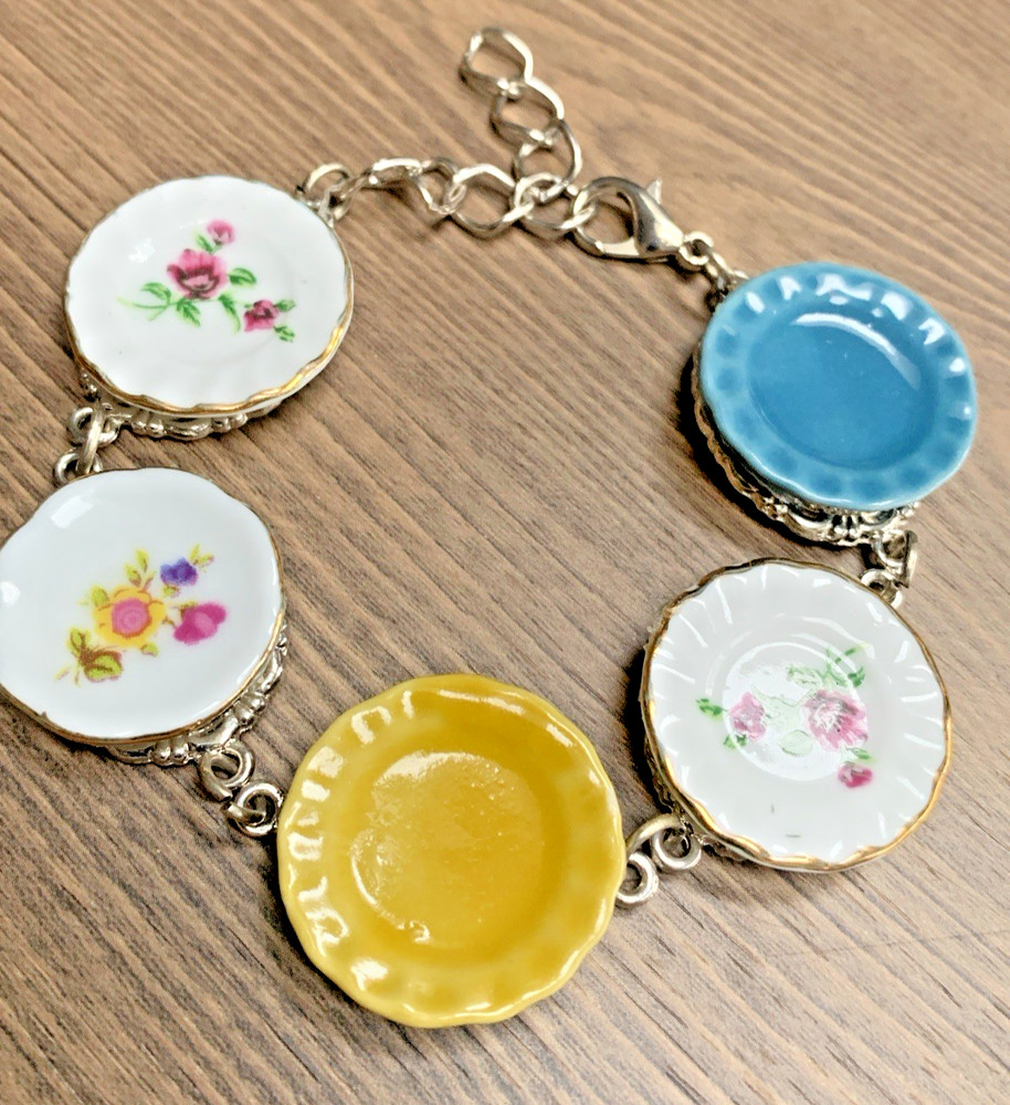 Vintage Porcelain Plate Charm Bracelet Floral Tea Party Cottagecore Pastel