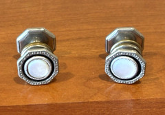 Vintage Snap-Links Hexagonal Cufflinks: Black, Silvertone Mother-of-Pearl