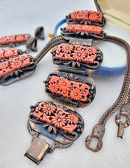 Vtg Selro Selini Faux Pink Coral Floral Lariat Necklace Bracelet & Earrings Set