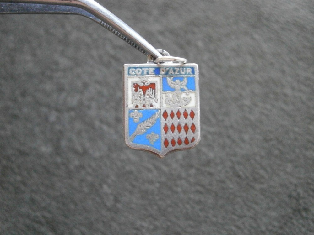 Cote d’Azure France Vtg Sterling Silver Enamel Travel Shield Bracelet Charm 2.0g