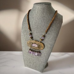 Vintage Artisan Amethyst Stone Polymer Clay Leather Statement Pendant Necklace