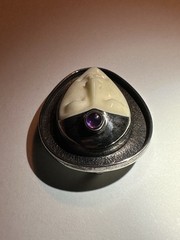 925 Sterling Silver Teardrop Cameo Face Amethyst Bone Cabochon Brooch Pin 2 Inch