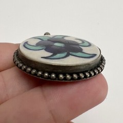 Vintage Blue Flower Ceramic Pottery Tile Round Silvertone Framed Pendant