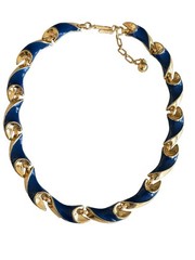 Crown Trifari Flag Blue Enamel Link Collar Necklace Polished Gold Trifanium 16”