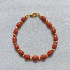 Natural Italy Red Coral Drum Beads Bracelet Brass Handmade CoralGemstone Jewelry