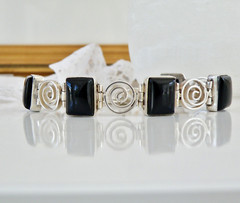 Chunky Sterling Silver 925 Onyx Station Adjustable Bracelet 8″